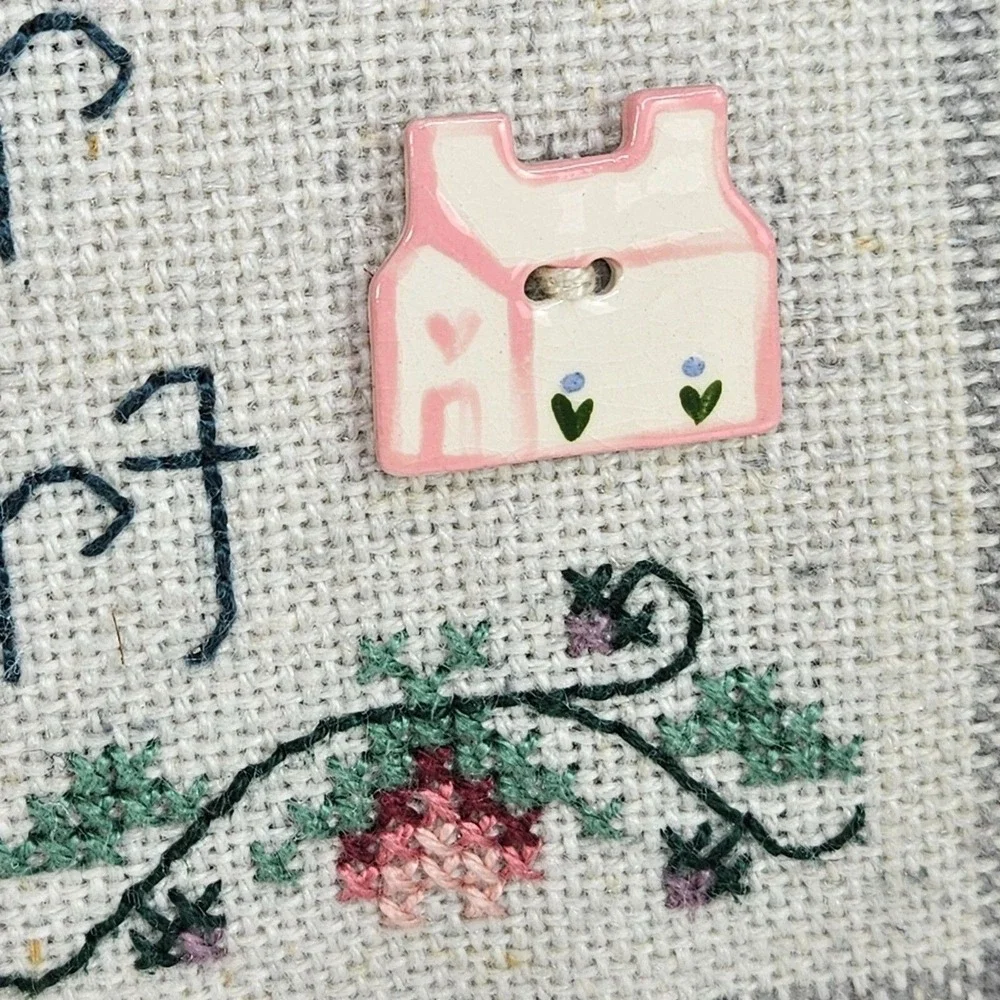 Shepherds Bush Home Heart Cross Stitch COMPLETED Pillow Buttons Family Stitching